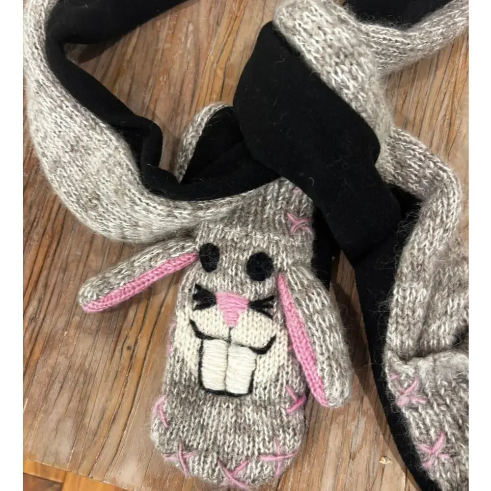 Handmade One Piece Bunny Rabbit Hat & Mittens, 100% Wool Made in Nepal